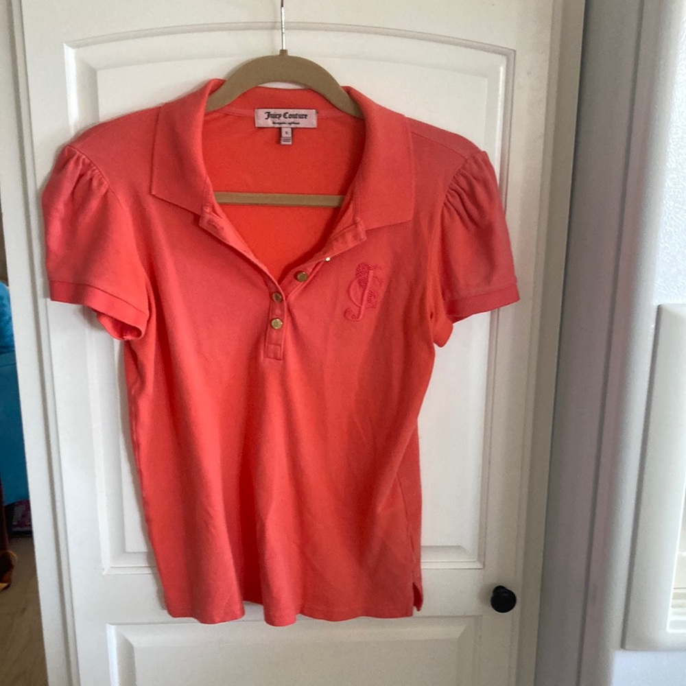 Juicy Couture Navy Polo collared shirt Size small. Salmon color